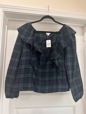 J Crew. Green and Navy Tartan Squareneck Ruffle Top Size L NWT